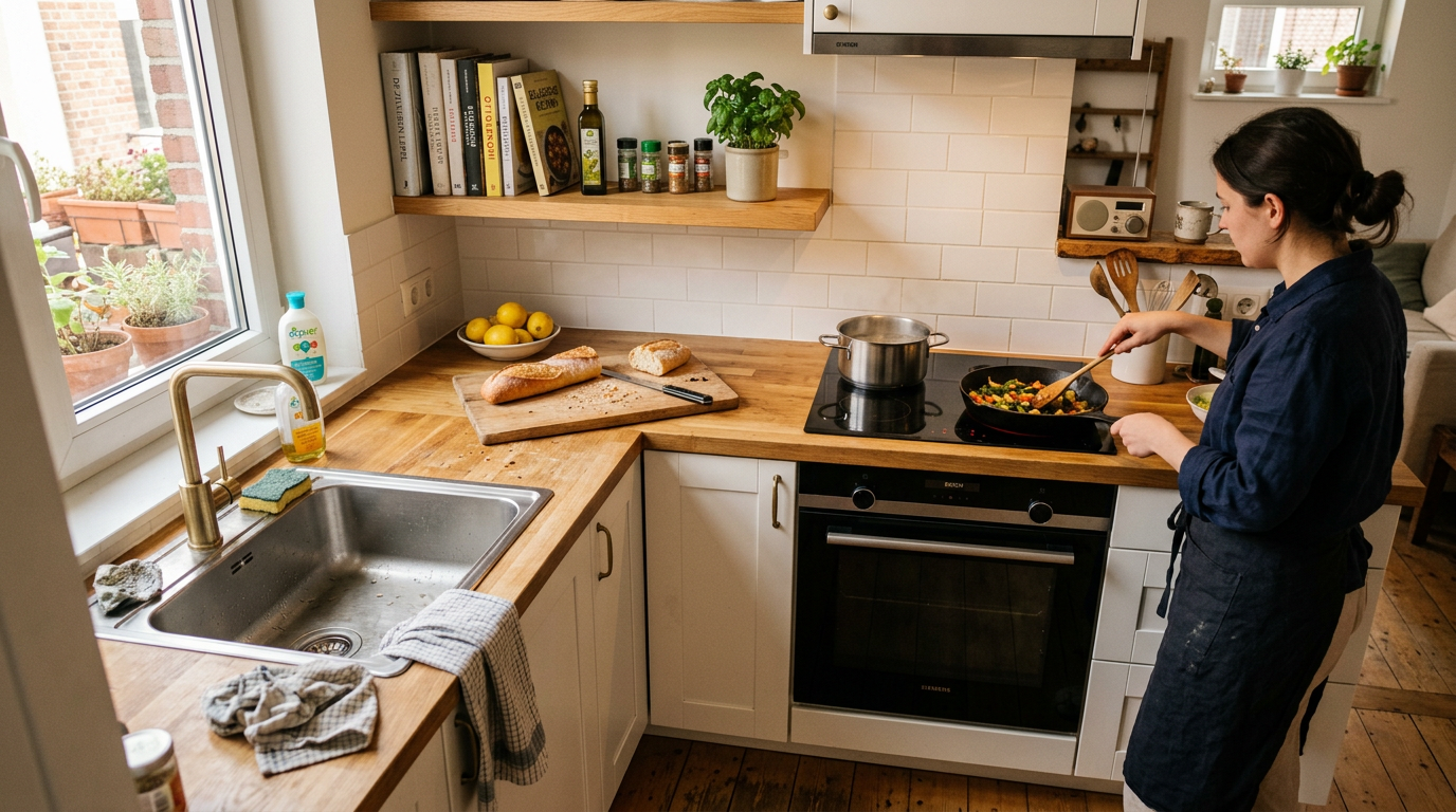 Een appartementkeuken van 8 m² met witte shaker-kasten, eiken werkblad van slagersblok, messing kraan en iemand die kookt
