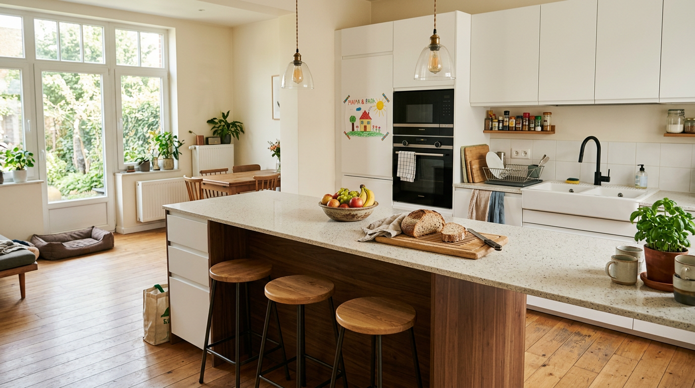 Een familiekeuken van 14 m² met een notenhouten en wit eiland, drie barkrukken, witte matte kasten, ingebouwde oven en een kindertekening op de koelkast