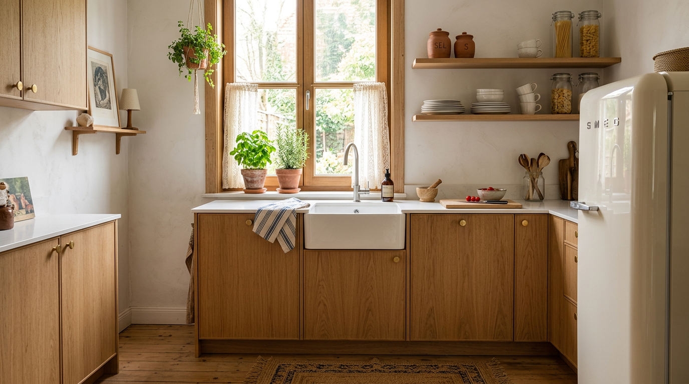 Een Scandinavische keuken van 10 m² met lichte eiken kasten, ronde messing knoppen, wit kwartswerkblad, keramieken farmhouse-spoelbak, retro koelkast en kruiden op de vensterbank